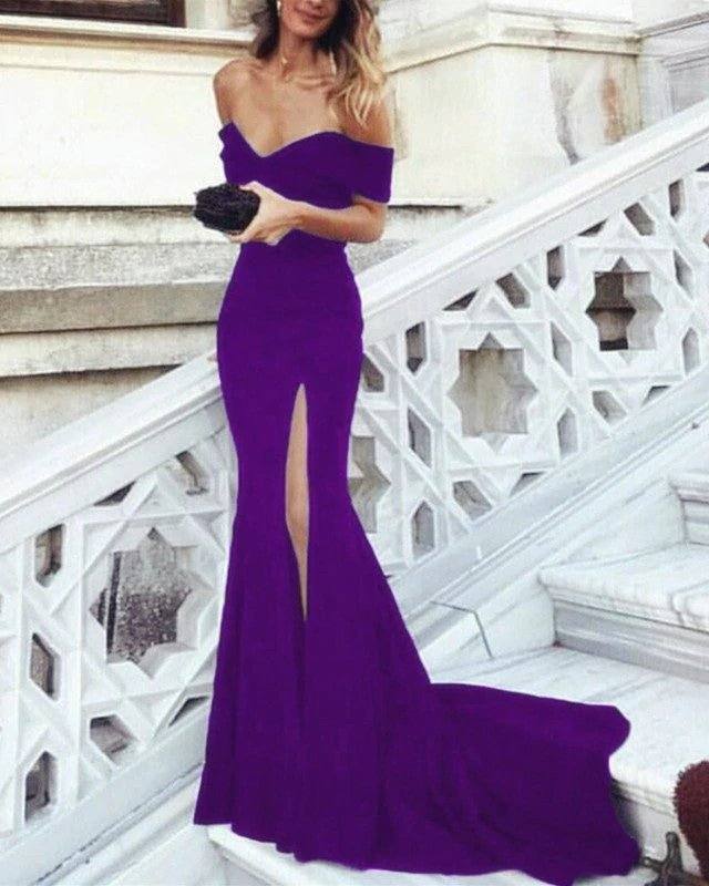 Sexy Leg Slit Long Mermaid Evening Dress Off Shoulder Prom Gowns - RongMoon