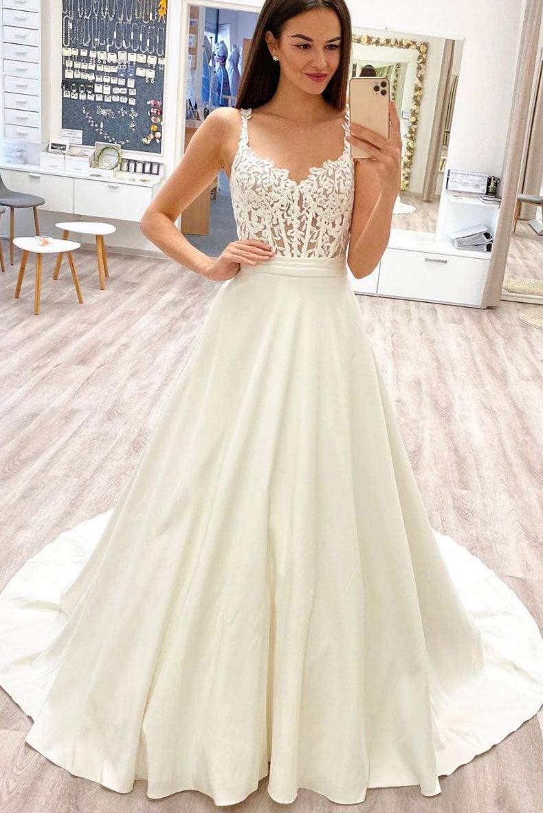 White sweetheart lace satin long prom dress white lace evening dress - RongMoon