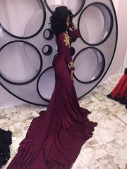 Burgundy Robe De Soiree Mermaid High Collar Long Sleeves Lace Beaded Sexy Long Prom Dresses Prom Gown Evening Dresses - RongMoon