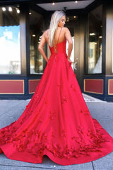 Red v neck satin long prom dress red satin long evening dress - RongMoon