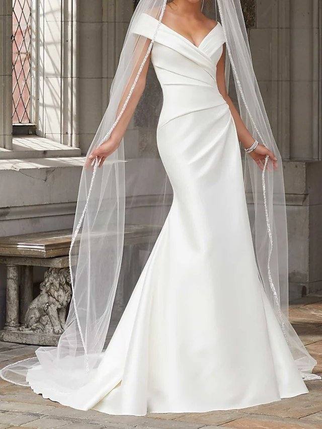 Mermaid / Trumpet Wedding Dresses Off Shoulder Sweep / Brush Train Polyester Cap Sleeve Country Plus Size with Ruched Draping - RongMoon