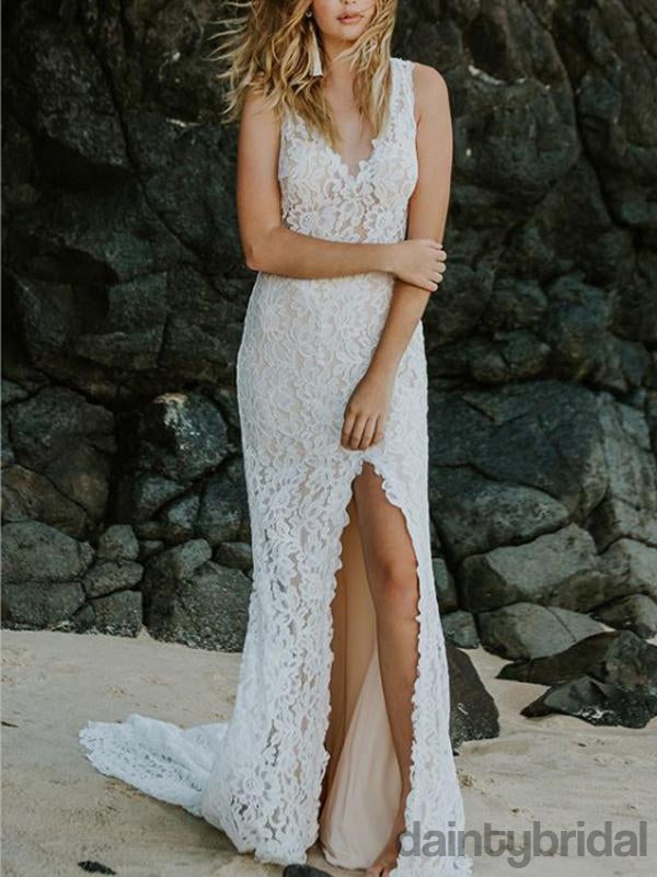 Sexy V-neck Lace V-Back Slit Wedding Dresses,DB10258