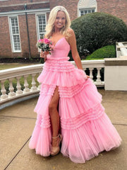 V Neck Ruffles Pink Tulle Long Prom Dress With Slit