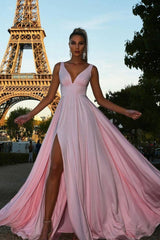 Simple pink v neck satin long prom dress pink evening dress - RongMoon