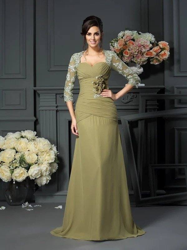A-Line/Princess Sweetheart Hand-Made Flower 1/2 Sleeves Long Chiffon Mother of the Bride Dresses - RongMoon