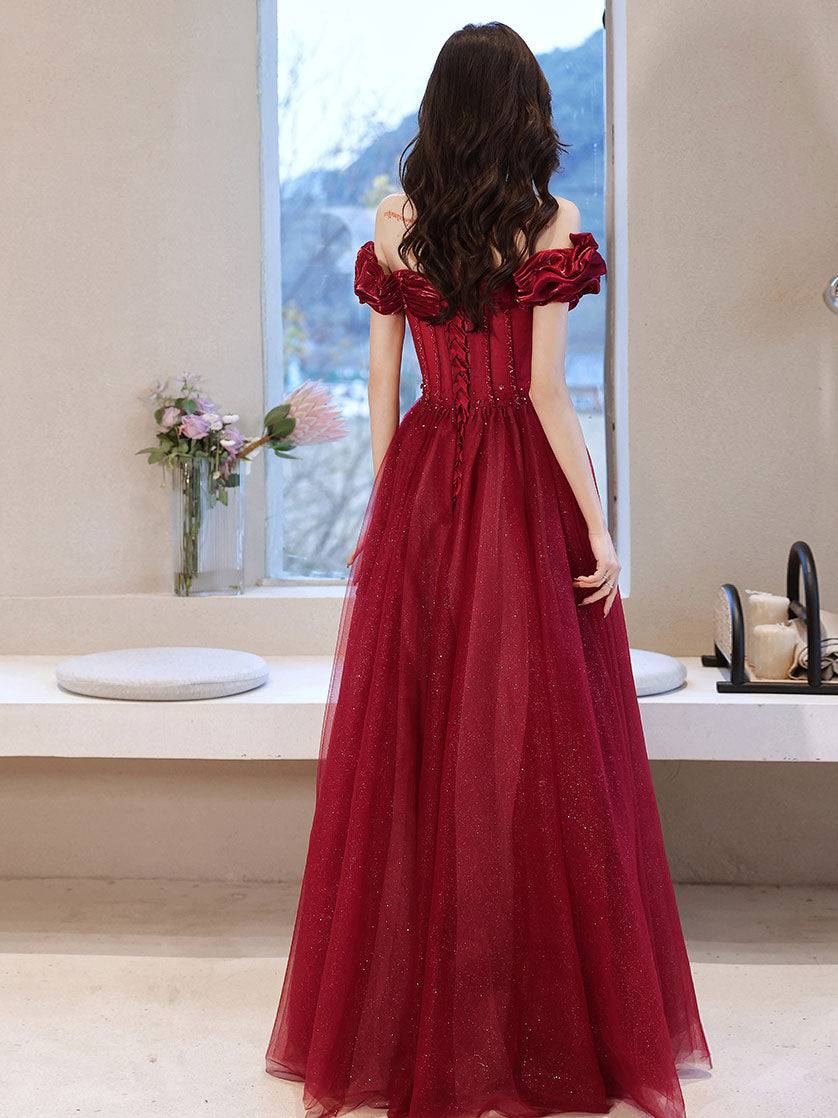Burgundy off shoulder tulle long prom dress, burgundy evening dress - RongMoon