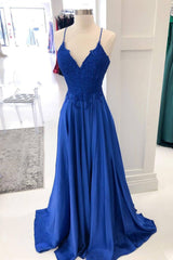 Royal blue lace satin long prom dress blue formal dress - RongMoon