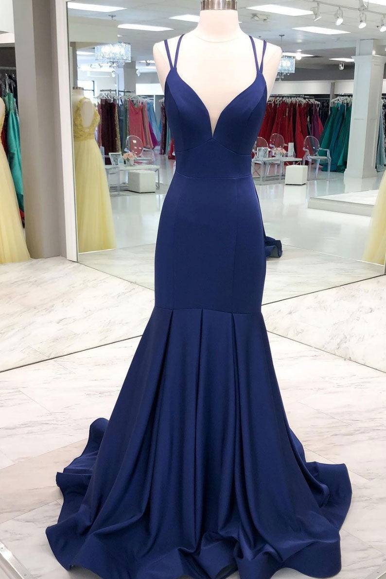 Simple dark blue satin long prom dress blue evening dress - RongMoon