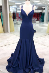 Simple dark blue satin long prom dress blue evening dress - RongMoon
