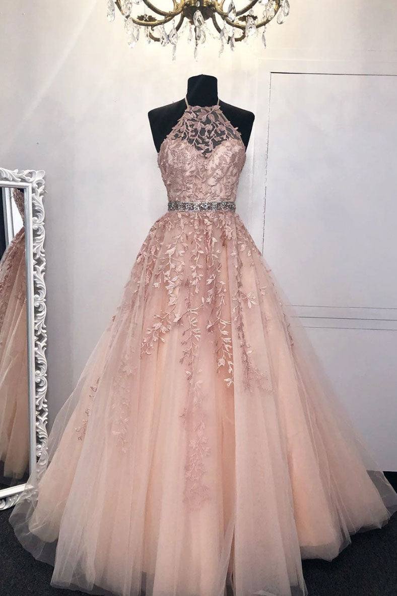 Pink tulle lace long prom dress pink tulle formal dress - RongMoon