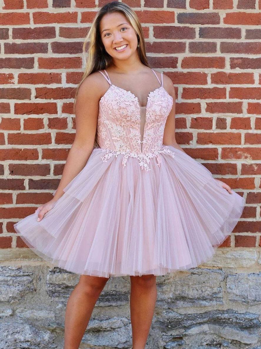 Pink A-line tulle lace short prom dress pink homecoming dress - RongMoon