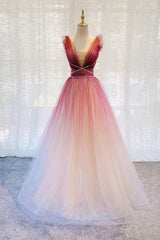 Burgundy v neck tulle sequin long prom dress burgundy evening dress - RongMoon