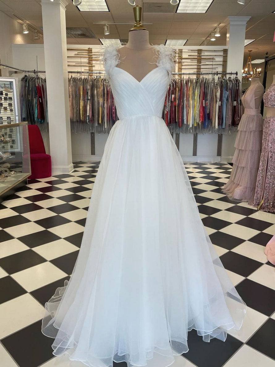 White sweetheart tulle long prom dress white evening dress - RongMoon