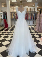 White sweetheart tulle long prom dress white evening dress - RongMoon