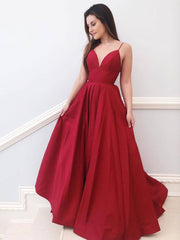 Red v neck satin A-line long prom dress red bridesmaid dress - RongMoon