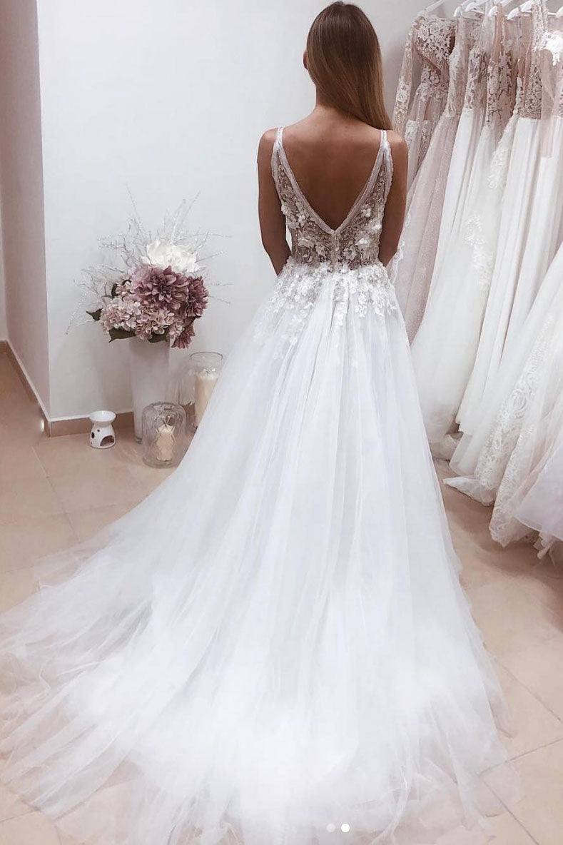 White v neck tulle lace beads long prom dress formal dress - RongMoon