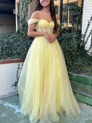 Simple yellow off shoulder tulle long prom dress, yellow evening dress - RongMoon