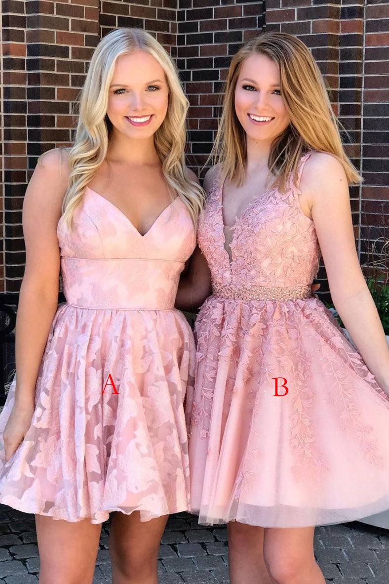 pink tulle lace short prom dress, pink homecoming dress - RongMoon