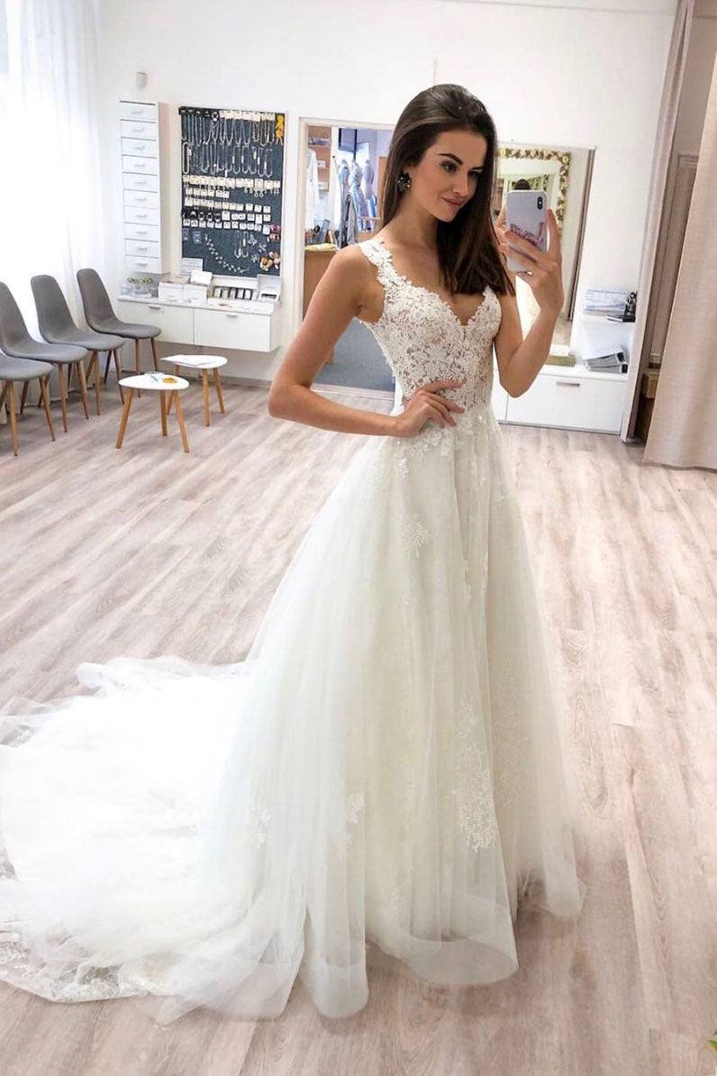 White v neck tulle lace long prom dress lace formal dress - RongMoon