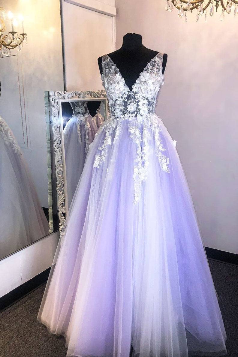 Purple v neck lace applique long prom dress purple formal dress - RongMoon