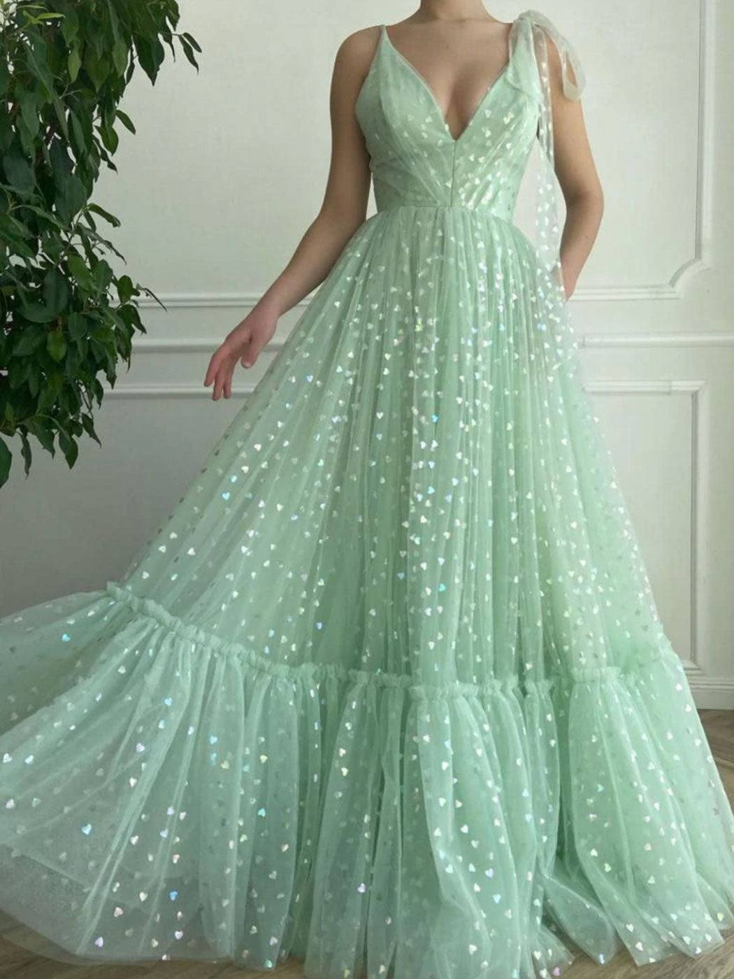 Green A line tulle long prom dress, green tulle evening dress - RongMoon