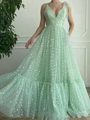 Green A line tulle long prom dress, green tulle evening dress - RongMoon