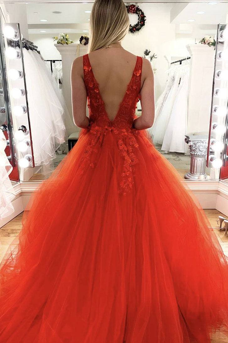 Orange v neck tulle lace long prom dress tulle sweet 16 dress - RongMoon