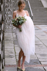 Simple v neck tulle white long wedding dress white bridal dress - RongMoon
