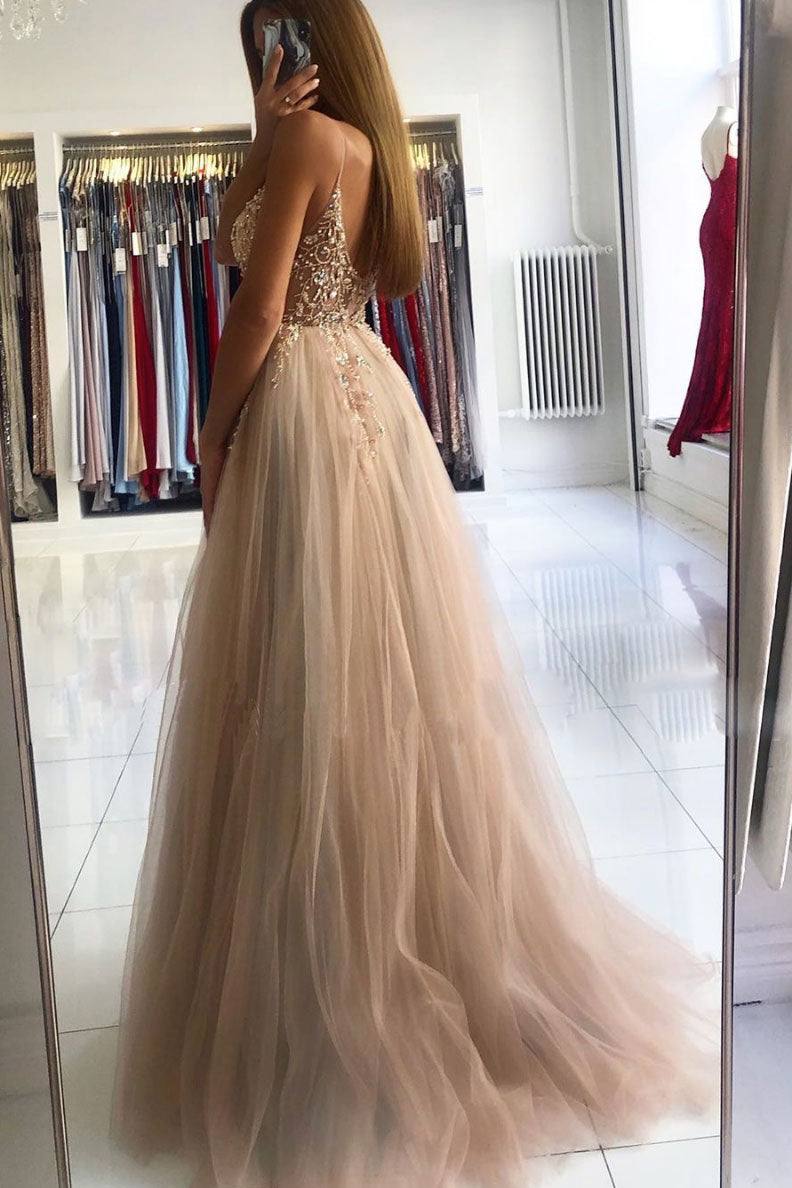 Champagne v neck beads long prom dress champagne evening dress - RongMoon