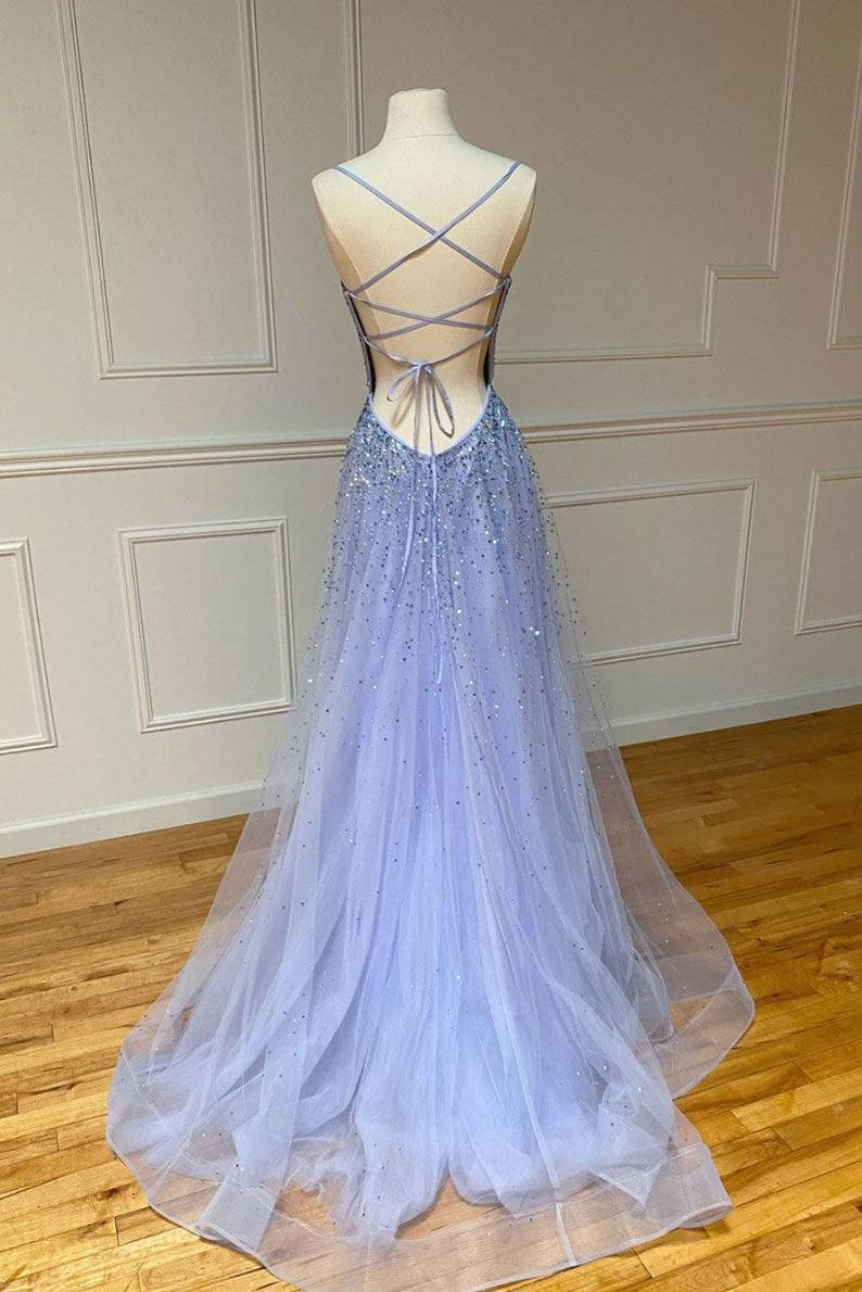 Purple tulle sequin long prom dress tulle formal dress - RongMoon