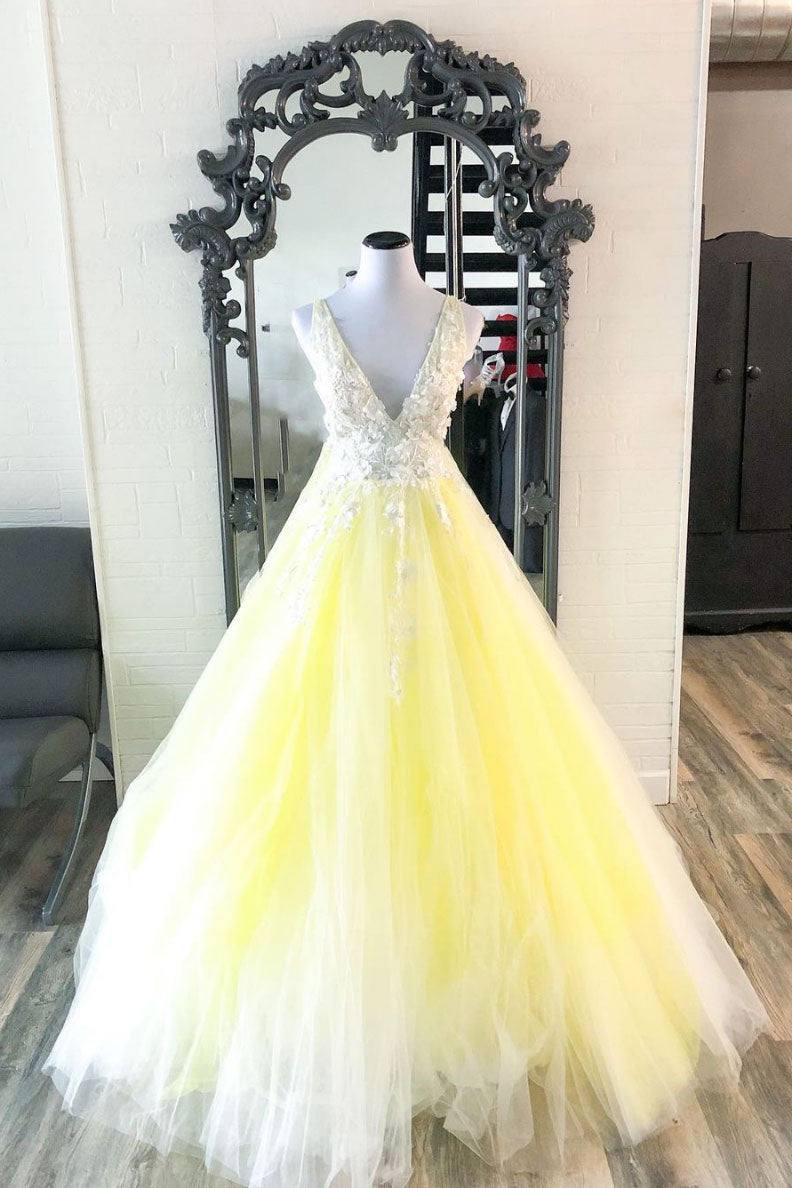 Yellow v neck tulle lace long prom dress yellow formal dress - RongMoon