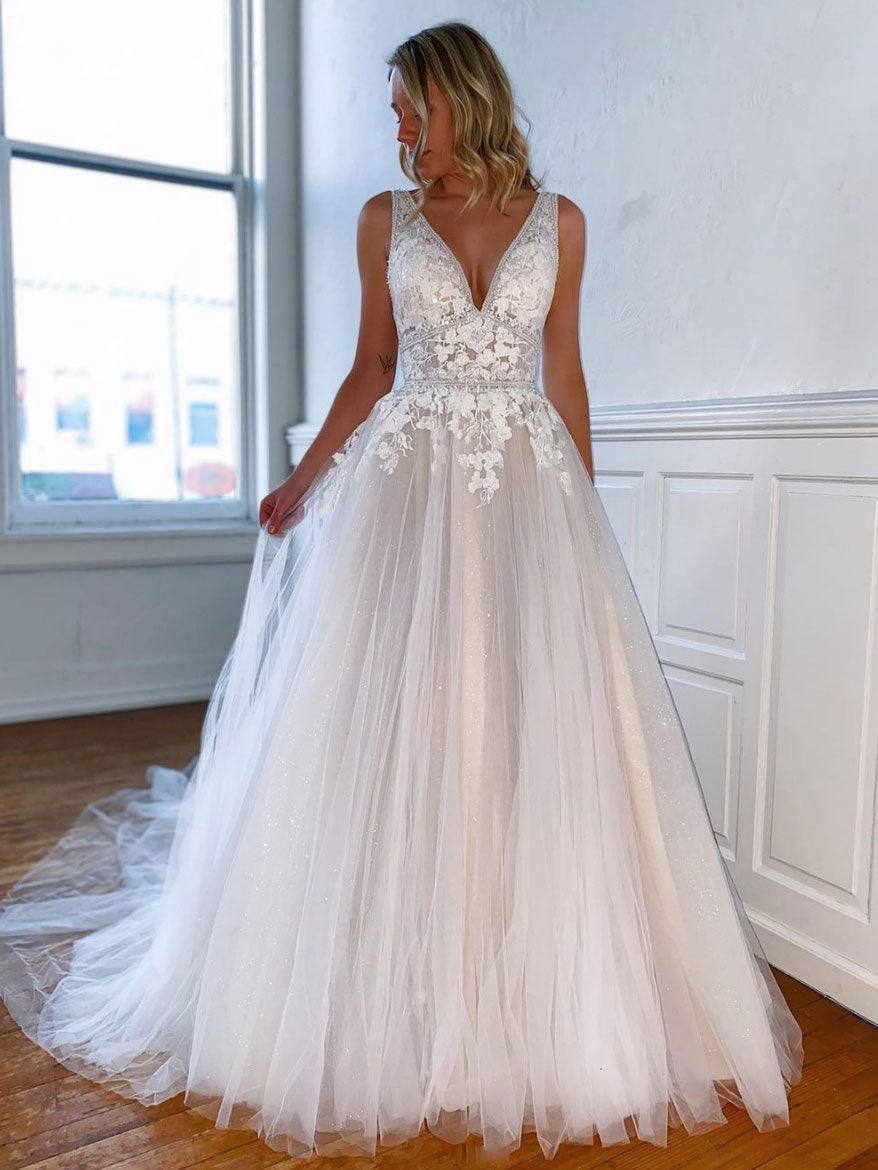 Gray white v neck tulle lace long prom dress, gray lace evening dress - RongMoon
