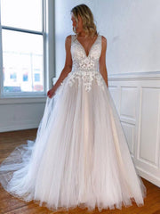 Gray white v neck tulle lace long prom dress, gray lace evening dress - RongMoon