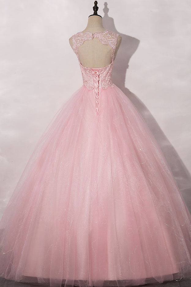 Pink round neck tulle lace long prom dress pink tulle formal dress - RongMoon