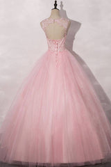 Pink round neck tulle lace long prom dress pink tulle formal dress - RongMoon