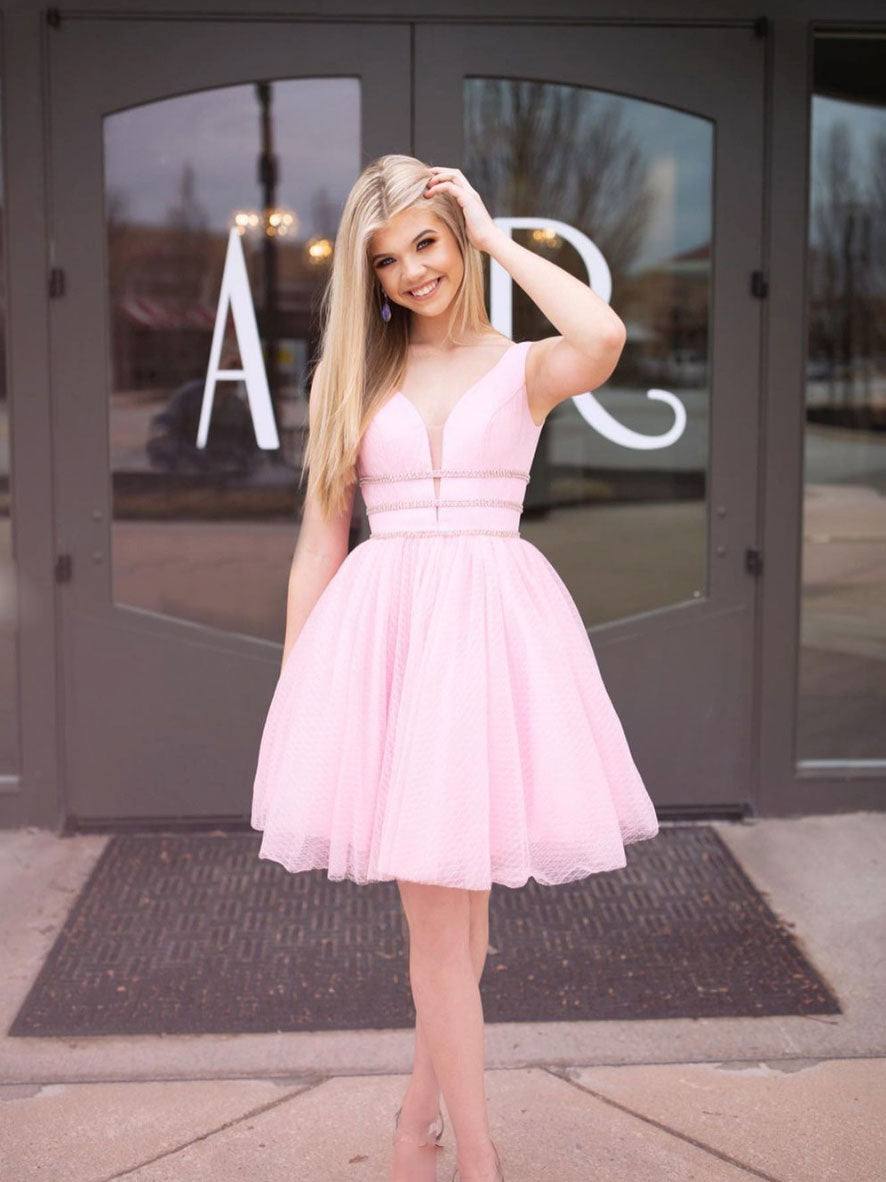 Pink v neck tulle short prom dress, cute pink homecoming dress - RongMoon