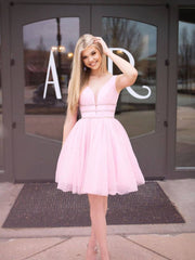 Pink v neck tulle short prom dress, cute pink homecoming dress - RongMoon