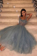Gray blue tulle lace prom dress tulle lace evening dress - RongMoon