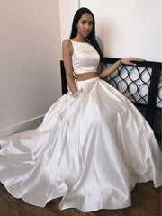 White satin two pieces long prom dress, white evening dress - RongMoon