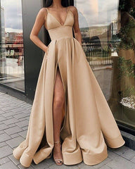 Long Satin Split Prom Dresses With Pockets - RongMoon