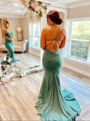 Green v neck mermaid long prom dress, green evening dress - RongMoon