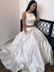 White satin two pieces long prom dress, white evening dress - RongMoon