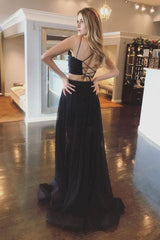 Black two pieces tulle long prom dress black evening dress - RongMoon
