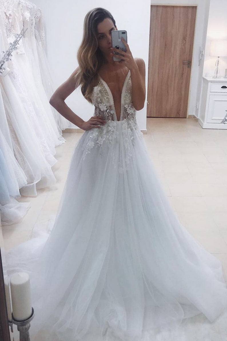White v neck tulle lace beads long prom dress formal dress - RongMoon