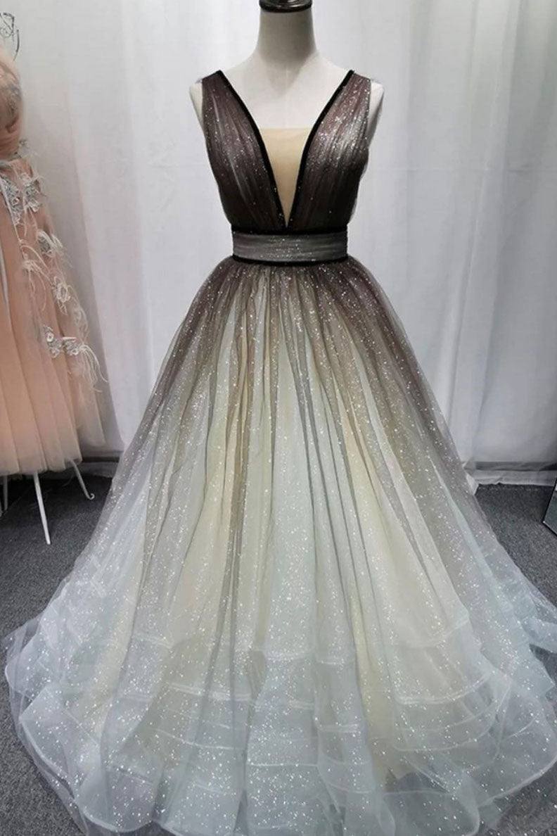 Simple Coffee tulle sequin long prom dress coffee evening dress - RongMoon