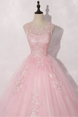 Pink round neck tulle lace long prom dress pink tulle formal dress - RongMoon