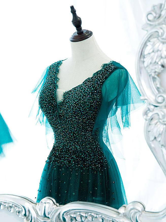 Green v neck tulle beads long prom dress, green tulle formal dress - RongMoon