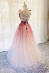 Burgundy v neck tulle sequin long prom dress burgundy evening dress - RongMoon