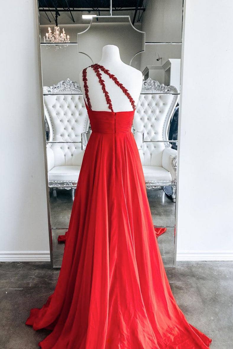 Red one shoulder long prom dress red evening dress - RongMoon