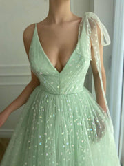 Green A line tulle long prom dress, green tulle evening dress - RongMoon